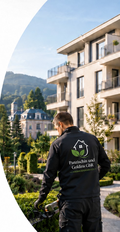 Hausmeister der Panzischin und Goldins GbR bei der Heckenpflege einer Wohnanlage in Baden-Baden