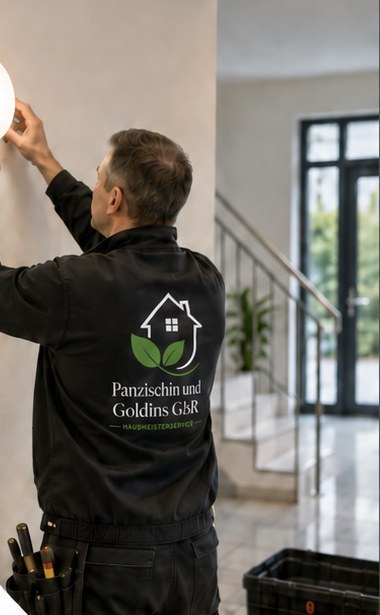 Hausmeister montiert eine Leuchte im Treppenhaus